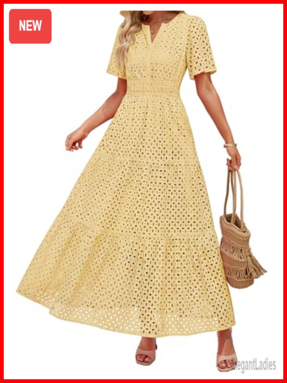 Women's V Neck Eyelet A Line Maxi Dress Short Sleeve Flowy Beach
